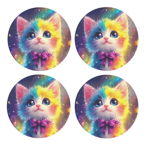 BoltPack Posavasos redondos con diseño de gato arcoíris con base de corcho, juego de 4 posavasos, alfombrilla de protección de mesa para tazas y tazas