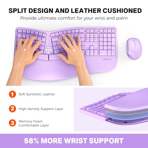 Image of MEETION Wireless Ergonomic Split Keyboard Vertical Mouse Combo, Full Size Rechargeable Keyboard with Wrist Rest for Windows Mac Laptop Desktop, Purple