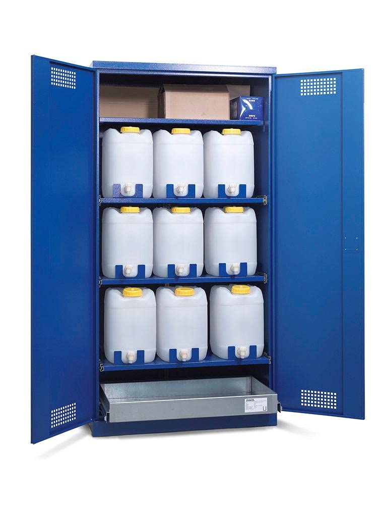 Schrank zum Abfüllen von Chemikalien aus Stahlblech, enzianblau, 1000 mm x 1950 mm x 550 mm, wassergefährdende Stoffe, Flügeltüren, ausziehbare Böden,
