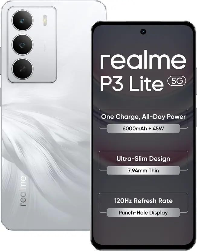 realme P3 lite 5G smartphones 6000 mah Lily White Lite Charger The Box