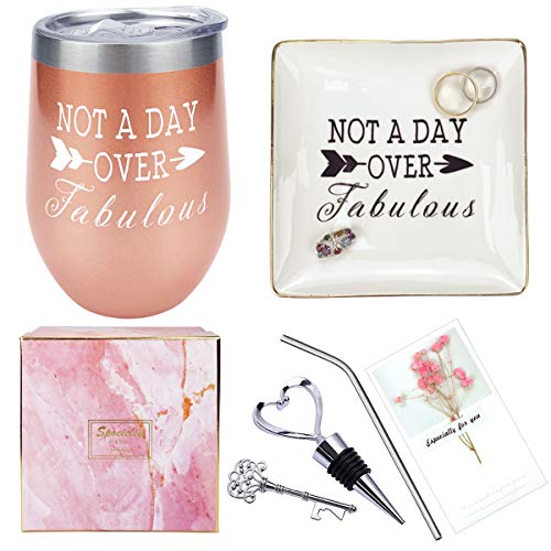 30th 40th 50th 60th Fun Birthday Gifts for Women, Mother's Day Christmas Funny Gifts ideas for Her, Mom, Friend BFF, Grandma, Wife, Aunt, Coworker, nurse Not a Day Over Fabulous Wine Tumbler Ring Dish