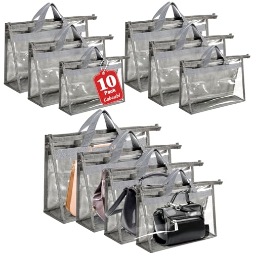 Cabaubl 10 Pcs Dust Bags for Handbags,Clear Handbag Storage Organizer,Purse Storage Organizer for Closet,Purse Protector Storage Bag with Zipper Handle and Hooks (Grey)
