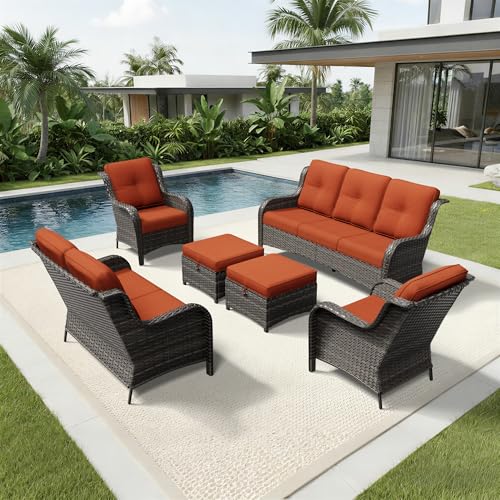 Image of Joyside 6 Piece Wicker Patio Furniture Set, Rattan Patio Chairs with High Back, Deep Seating, Wide Armrest, Thickened Cushions, Outdoor Furniture for Deck, Porch Use