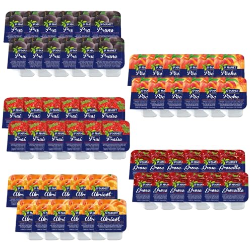 ST MAMET | 60 Barquettes de Confiture de Fraise, Pêche, Abricot, Prune et Gelée de Groseille | Dose individuelle de 25 grammes pour varier les plaisirs au petit...