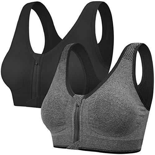 UMIPUBO Femme Soutien-Gorge de Sport Avant Zipper Push Up Bra Vest sous-vêtements de Sport Coussinets Amovibles pour Fitness Yoga Course,XL,gris et noir