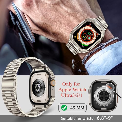 Image of MioHHR Stainless Steel Band and Case Compatible with Apple Watch Band 49mm | Men Metal Protective Bumper Cover with Straps for iWatch 49mm Series Ultra 3, Ultra 2, Ultra, Titanium Color