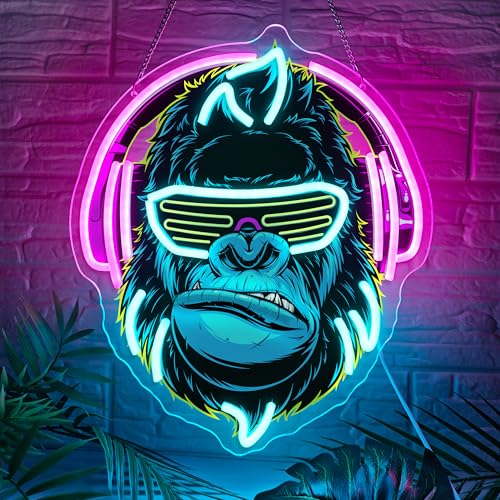 Image of Headphones Gorilla Neon Sign Dimmable Kong Led Neon Light for Wall Decor,Game Room,Man Cave,Home Party Bar Decor,USB Powered Led Sign