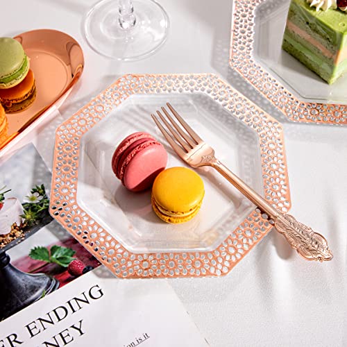 Dayammi 100Guest Clear Rose Gold Plastic Dessert Plates With Rose Gold Forks, Elegant Disposable Rose Gold Cake Plates Wedding Plates Fancy Plastic Salad Plates And Appetizer Plates For Party Wedding #TOP1