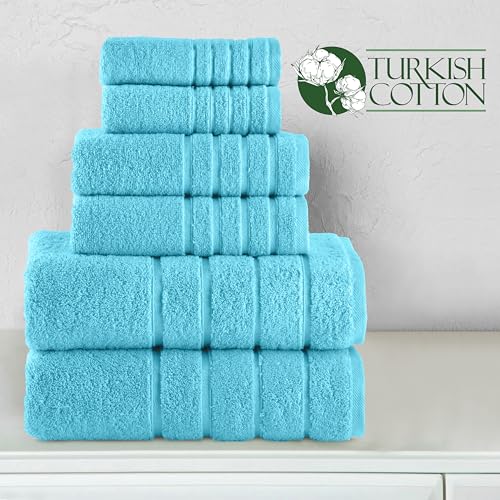 Image of Elegant Comfort 4 Lines Viscose Stripe 6-Piece Premium Towel Set - 100% Turkish Cotton High Absorbent Luxury Bathroom Towels - Includes 2 Washcloths, 2 Hand Towels and 2 Bath Towels Set, Aqua