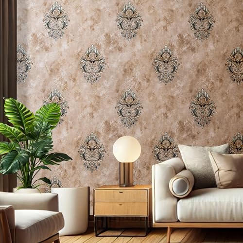 Image of wolpin Non-Woven Wallpaper Non-Adhesive (53 x 950 CM) (Beige) | Textured Damask Ornate Wall Covering with Sparkling Shine | Beige Decorative Wall Covering (54.18 Sq Ft)