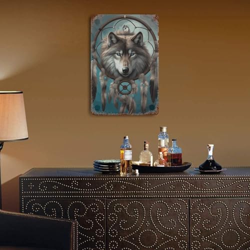Tableau loup attrape-rêves en relief métal déco murale durable