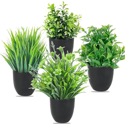 RUIBIXING 4 Stück Kunstpflanze mit Topf, Künstliche Plastik Pflanze Deko, Klein Fake Plant Topfpflanze Emulation Pflanze Künstlich für Schreibtisch, Haus, Balkon und Bad Dekoration