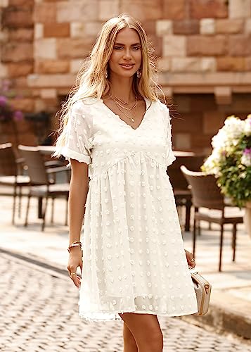 Kirundo 2023 Summer Women's Mini Dress Short Sleeves Sexy V Neck Flowy Dress Swiss Dot Faux Short Loose Fit Pregnant Dress(Apricot,Small) #TOP5