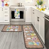 Noulmea Floral Spring Kitchen Rug Set of 2, Watercolor Wildflower & Welcome Script on Rustic Wood Print Home Decor Non-Slip Kitchen Rugs for Floors 17'x30'+17'' X 47''
