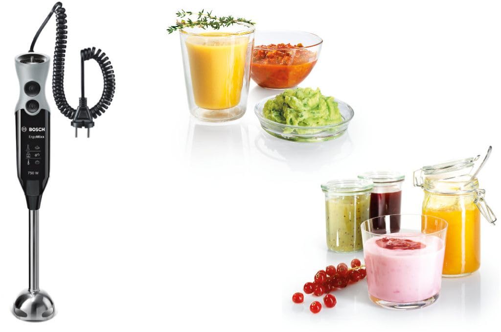 Bosch Stabmixer ErgoMixx, Edelstahl-Mixfuß, mit Universalzerkleinerer, Mixbecher, Schneebesen, Ice-Crush-Klinge, Spiralkabel, 12 Stufen plus Turbostufe, 750 W, schwarz/grau, MSM67170