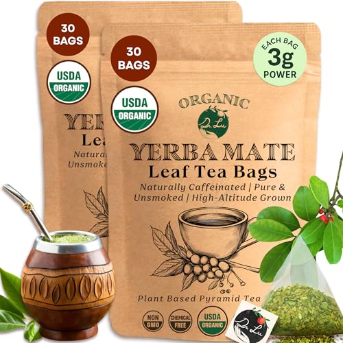 2 Pack of Dr. Lu’s Organic Yerba Mate Tea | High-Altitude Grown in Argentina | Naturally Caffeinated Clean Energy &amp; Focus | 60 x 3g Vitality Brew Corn Fiber Pyramid Bags (No Plastic, No Nylon)
