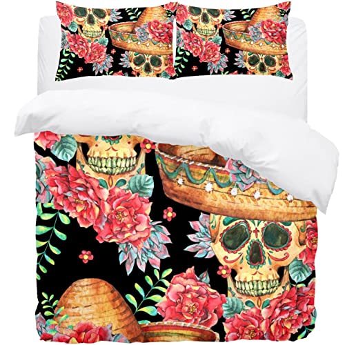 Housse de couette tête de mort et fleurs en textile supérieur avec finitions soignées