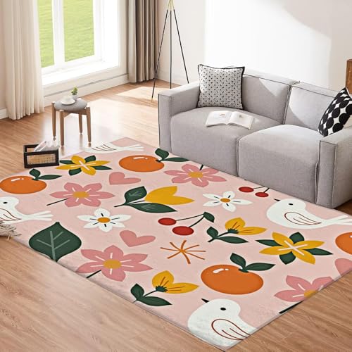 Grand tapis feuilles vertes lavable au fini floral rose raffiné - 3