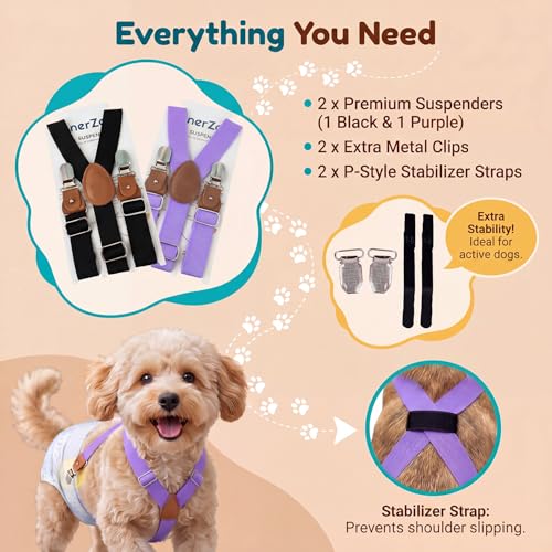 Image of 2 Pieces Dog Diaper Suspenders Escape Proof, Adjustable Belly Band for Male Dogs and Diaper Holder for Female Dogs in Heat, Washable & Reusable with 3 Clips(Black&Purple,M /L)