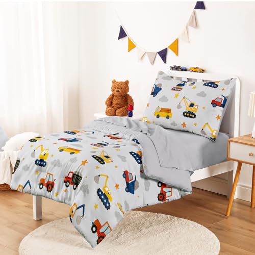 Image of Wake In Cloud - Toddler Bedding Set for Boys, Construction Car Excavator Truck, 4 Pieces Soft Crib Bed Set Including Comforter, Sheets and Pillowcase, Light Gray