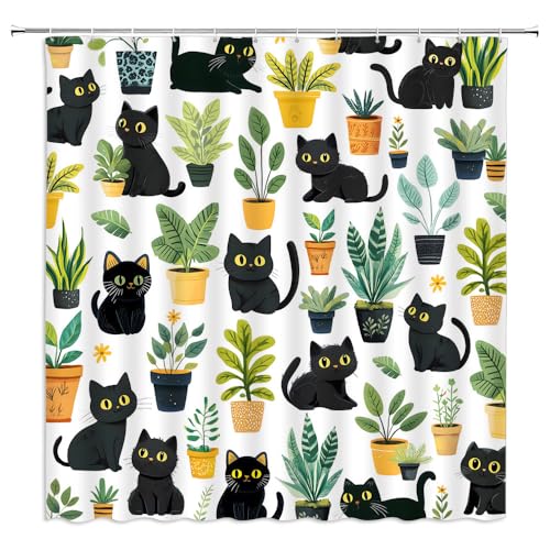 YSSFAV Cute Black Cat and Potted Plant Shower Curtain Funny Animals Green Leaves Bathroom Decor Curtains Set with Hooks, 70" W x 70" H by YSSFAV - Used condition - Image 3