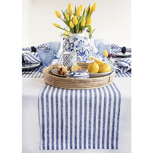 Solino Home 100% Pure Linen Table Runner, 14 x 144 in, Navy, Amalfi Stripe