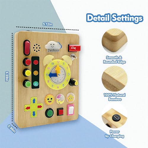 ZIESFOCE Montessori Toddler Busy Board, Wooden Rechargeable Sensory Board Educational Toy with LED Light Switches, Travel Toys Gifts for 1 2 3+ Year Old Toddlers Boys and Girls (Type-C Charging) - Image 4