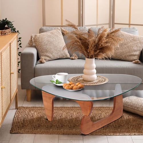 Mesa de centro ovalada de vidrio transparente con base de madera natural, mesa de centro triangular, mesa central de té para cócteles de vidrio templado, base de madera maciz(Size:82*57*40CM,Color:B)