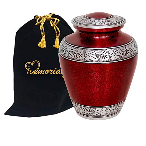 Elite Glitter Love Cremation Urn for Human Ashes - Funeral Urn - Adult Funeral Urn Handcrafted with Silver Engraved Bands - Metal Urn - Large Urn Deal with Free Bag (Red)
