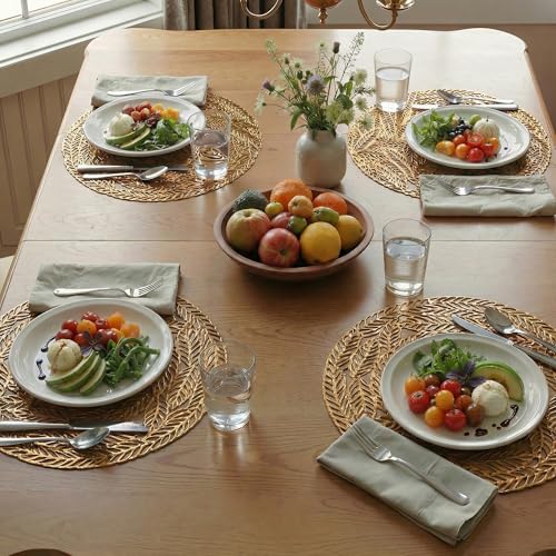 Image of Kuber Industries Leather Round Table Mats Set of 6 | Washable Placemat /Dining Table Mat for Wedding and Family Functions | Leaf Design - Golden