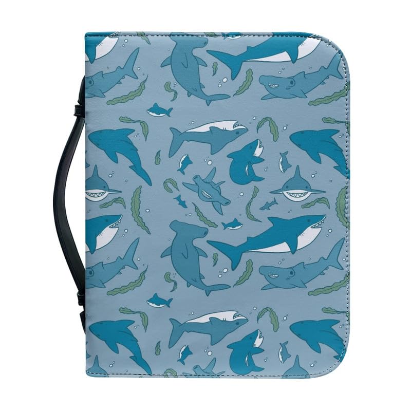 Garronmavis Cartoon Sharks PU Leather Bible Case for Women Plants Shark Bible Bag, Ocean Animals Bible Protective Bags - M