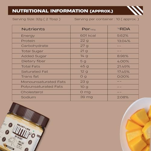 Image of BeastLife Creamy Mango Peanut Butter | 24.5 G Protein | 350 gm | 100% Peanuts, High Protein | Zero Palm Oil | Non‑GMO Nut Butter | Fitness-Friendly Spread | Zero Cholesterol