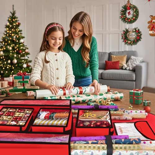 Woodoulogy Hanging Gift Wrapping Paper Storage, 48x24 (Extra Large) Red Double-Sided Christmas Wrapper Bag Container, Oxford Long Craft Roll Organizer, Present Wrap Holder for Closet, Door