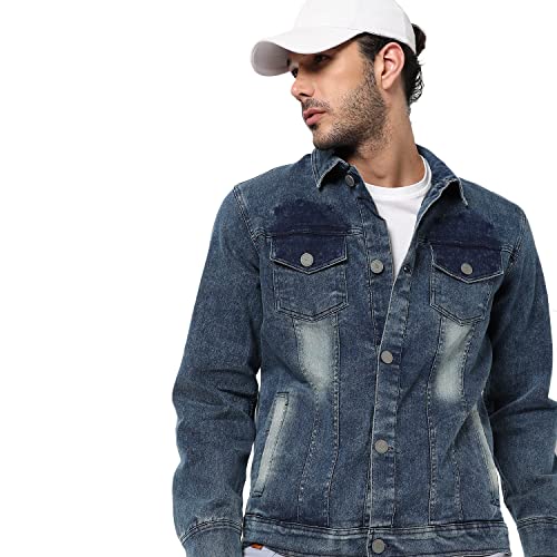 Image of Campus Sutra Men's Medium-Washed Blue Regular Fit Denim Jacket For Winter Wear | Collared Neck | Full Sleeve | Buttoned | Casual Denim Jacket For Man | Western Stylish Denim Jacket For Men