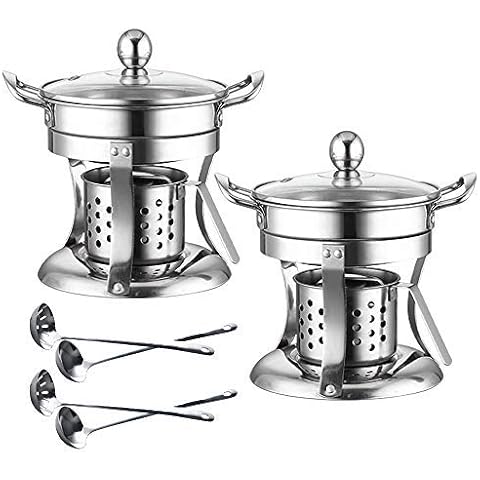 Shabu hot pot Stainless Steel Chafing Dishes hotpot single Mini cooking pot Cookware Non-Magnetic Burner with 2 spoons Cover