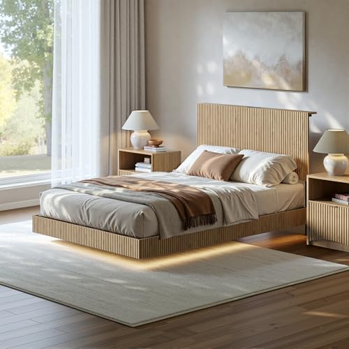 Image of Evermagin Oak Full Floating Bed Frame with Headboard | Boho Fluted Platform Bed with LED Lights, Heavy Duty Floating Bedframe with Charging Station, No Box Spring Needed