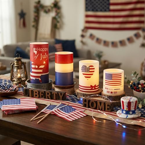 Image of 4th of July Flameless Pillar Candles with Timer Remote Control,250th Anniversary Red White and Blue LED Candles Battery Operated Set of 4 for American Independence Day Home Decor