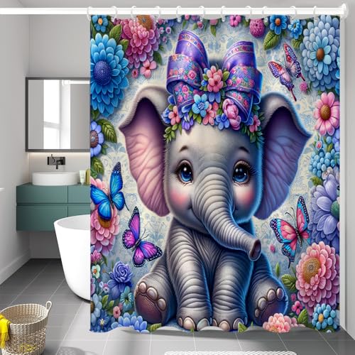 Reateforin Cute Baby Elephant Shower Curtain Purple Purple Butterfly Flowers Spring Shower Curtain for Bathroom Set Funny Elephant Animal Fabric Waterproof Shower Curtain for Bathtub Decor 72x72 Inch
