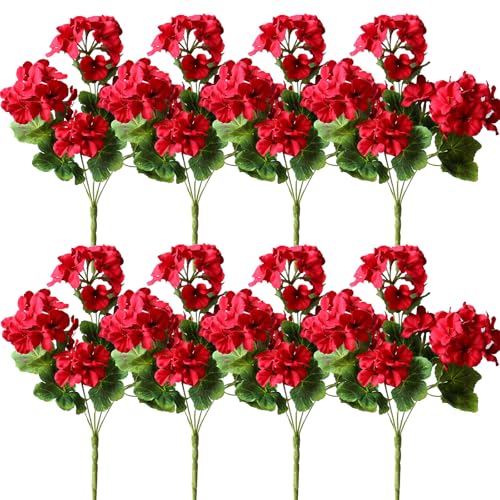 8 paquetes de flores artificiales de seda para exteriores, resistentes a los rayos UV, no se decoloran, geranios sintéticos, flores rojas, plantas verdes para ventana, maceta, porche, jardín, patio