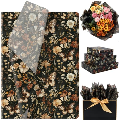 60 Sheets Floral Butterfly Tissue Paper Bulk 13.8 x 19.7 Rust Brown Dried Flowers Butterflies Art Crafts Paper for Spring Easter Birthday Bridal Shower Party Supplies 10 Colors (A)