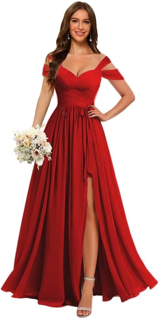 YYXRyyH Women's Off Shoulder Bridesmaid Dress with Belt Chiffon Ruched Formal Evening Gowns YY004