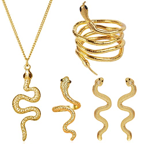 Snake Jewelry Set For Women Snake Dangle Drop Earrings For Teen Girls Silver Gold Winding Snake Pendent Necklace Punk Snake Wrap Cuff Bracelet Adjustable Open Snake Ring Halloween Cosplay Accessories(Gold1) #TOP15