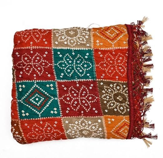 Image of PK HUB Women's Jaipuri Rajasthani Bandhani Dupatta | Art Silk Bandhej Dupatta with Gota Patti Work & Tassels (Free size)