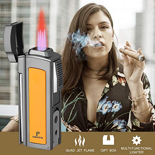Pipita Windproof Cigar Lighter Torch Metal Gas Cigarette Butane Lighter Jet Quad Blue Flame Refillable Lighter With Two Punch #TOP3