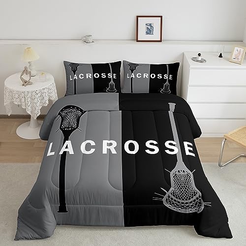 Lacrosse Comforter Ball Sports Theme Bedding Set for Boys Girls Lacrosse Player Games Comforter Set Grey Black Decor Quilt Set with 2 Pillowcases 3Pcs Bedding Full