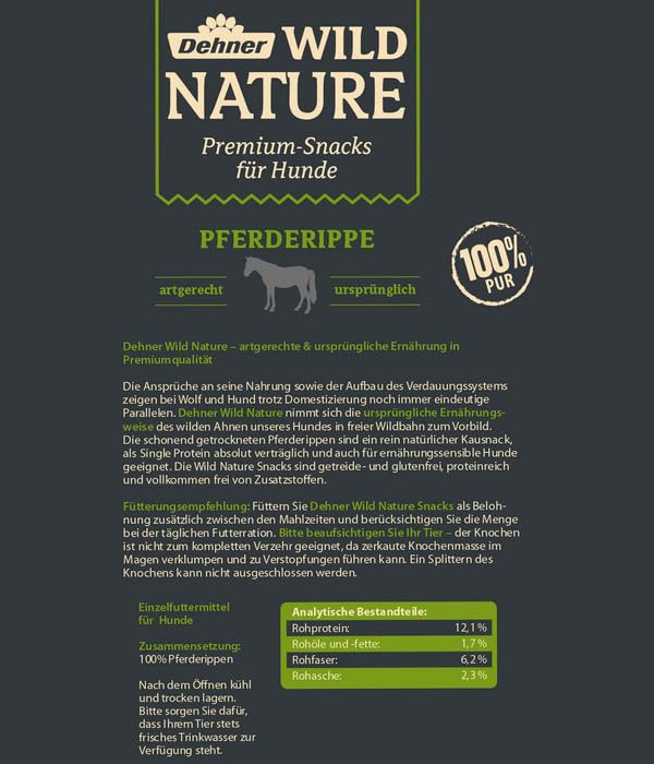 Dehner Wild Nature Hundesnack, Premium Leckerli glutenfrei / getreidefrei, Kausnack für Hunde, Pferderippe, 200 g