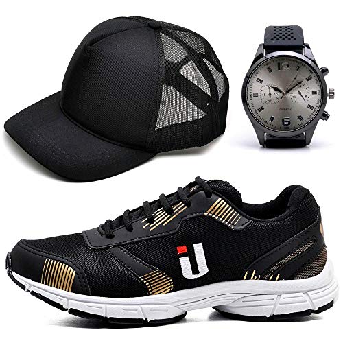 Kit Tênis Fitness Masculino Caminhada + Boné + Relógio Preto/dourado 42