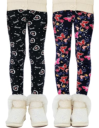 Kiench Girls' Fleece Lined Leggings High Waisted Winter Warm Thick Velvet Stretchy Pants Printed 2-Pack