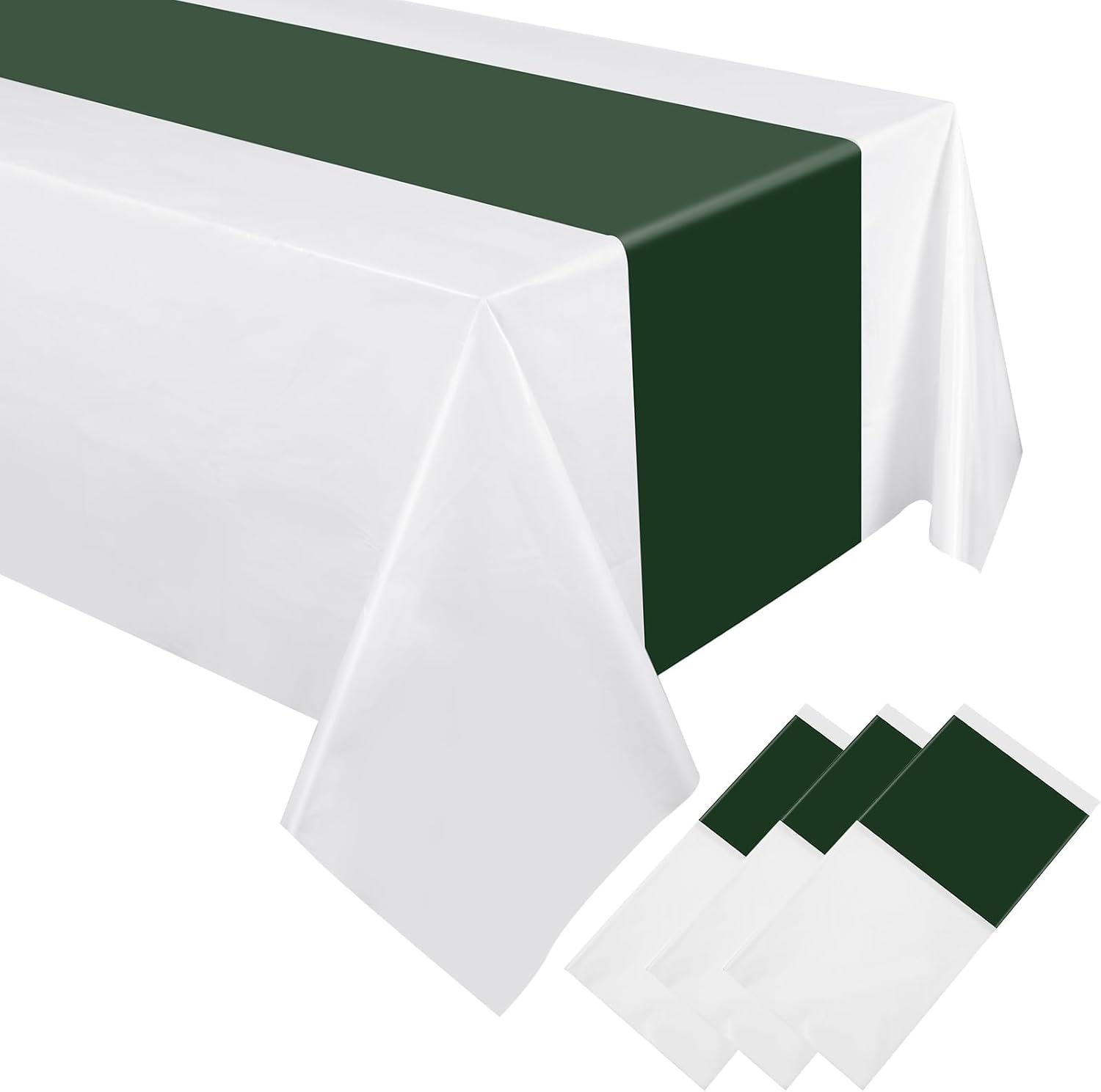 Oudain 3 Pcs Disposable Plastic Tablecloths 54" x 108" for Rectangle Tables Cloths Waterproof Table Cover for Baby Shower Wedding Birthdays Graduation Decoration (White,Dark Green)