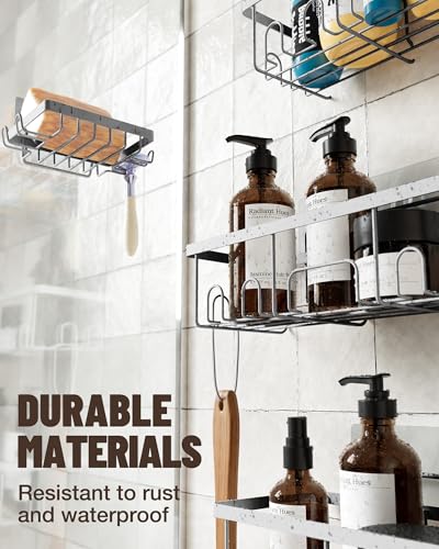 Image of Veken Adhesive Shower Caddy 5-Pack,Heavy Weight Bearing,Large Wall Mounted Shower Shelves Rack,Organizer Storage Accessories with Soap Dish&Toothbrush Holder,Ideal for Bathroom,Home&Kitchen,Silver